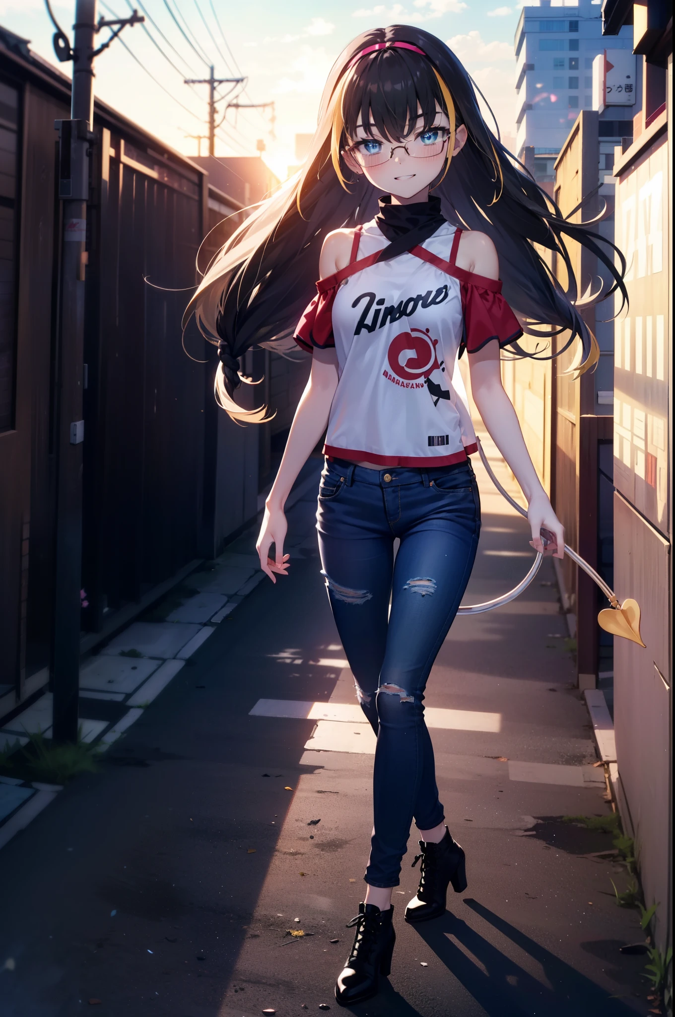 small, small, Black Hair, blue eyes, demon tail, hair band, Long Hair, mechanical tail, Multicolored Hair, tail, smile,Grin,tooth,Black-rimmed glasses,Cold shoulder tops,Short sleeve,Skinny jeans,Stiletto heels,morning,morning陽,The sun is rising,Walking,whole bodyがイラストに入るように,
break looking at viewer, whole body,
break outdoors,Building district,
break (masterpiece:1.2), Highest quality, High resolution, unity 8k wallpaper, (figure:0.8), (beautiful detailed eyes:1.6), extremely detailed face, Perfect lighting, extremely detailed CG, (Perfect hands, Perfect Anatomy),