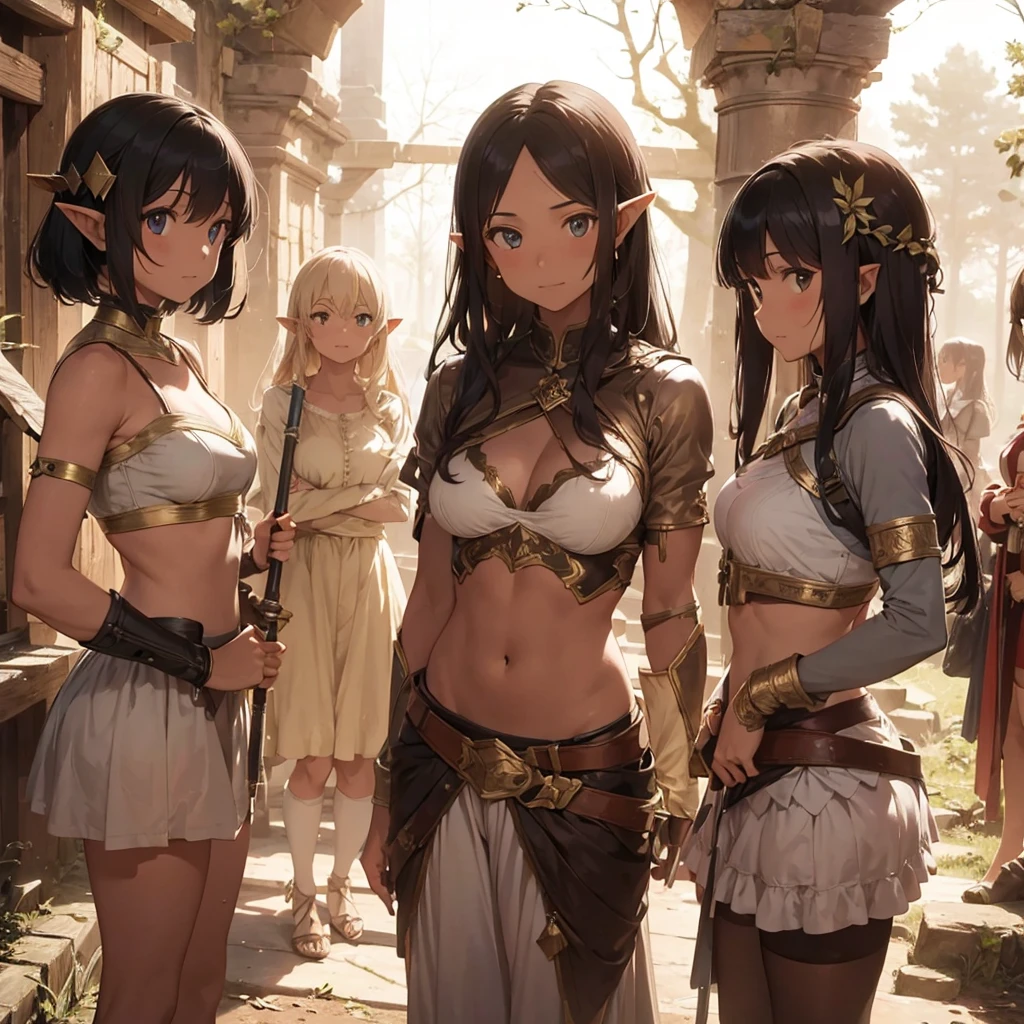 a scene of 3 women are posing with swords in the woods with other people, weapon, armor, polearm, pointy ears, 3girl, spear, nature, arrow (projectile), elf