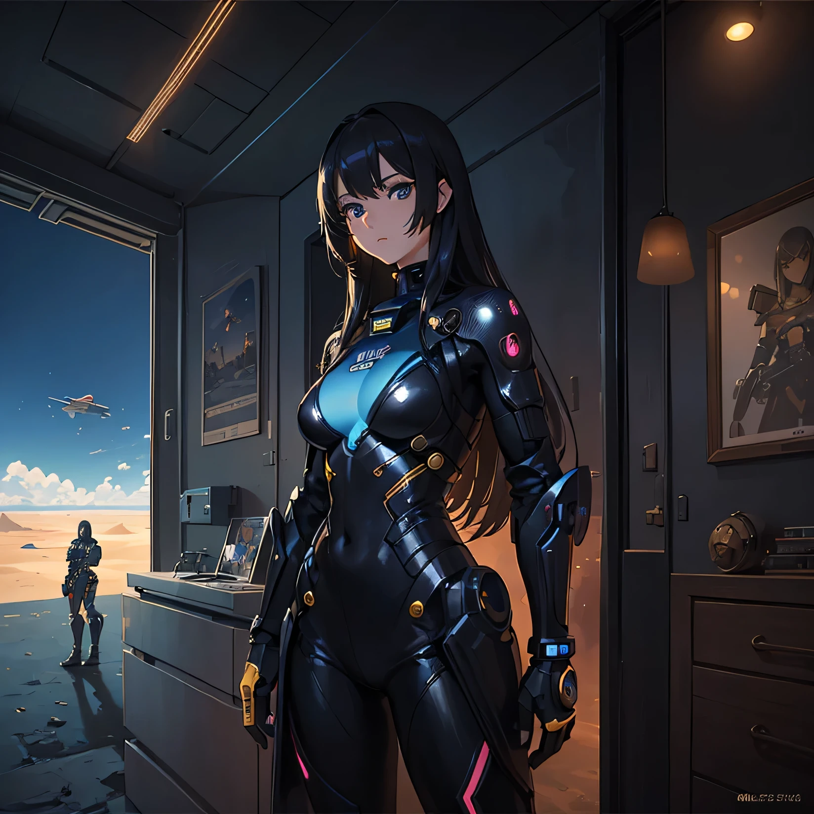 (masterpiece:1.2) (((32k))),(((Highest quality))),(Perfect One Woman) masterpiece, add_detail best quality, 1girl, girl in the desert, desert background, spaceshuttle, planets in the background, Poster, Futuristic, Apocalypse, robotic girl, perfect anime girl, futuristic goddess, cyberpunk, steam punk style, blue shades., burnign man, desert