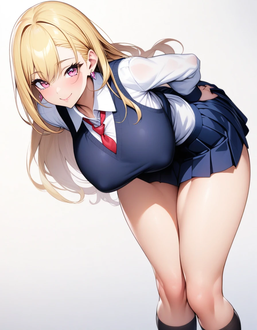 blonde hair color,long hair,pink eyes,high school costume,tie,skirt,earrings,huge breasts,Whipped thighs,slender,downward look,SFW,perfect,high quality,faultless,smile,SFW,perfect,high quality,faultless,high school background