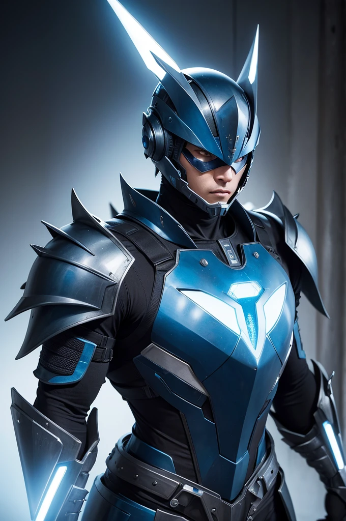 The character in the image is a futuristic warrior with metallic blue armor., acentuada com detalhes em prata. Ele possui um capacete com pontas afiadas e um visor que esconde seu rosto, conferindo um ar intimidador. The armor is robust and articulated, covering the entire body with spiked plates on the shoulders and arms, suggesting protection and strength. The design is inspired by medieval and science fiction elements, standing out for its aggressive and technological appearance. Com elementos de Tokusatsu 