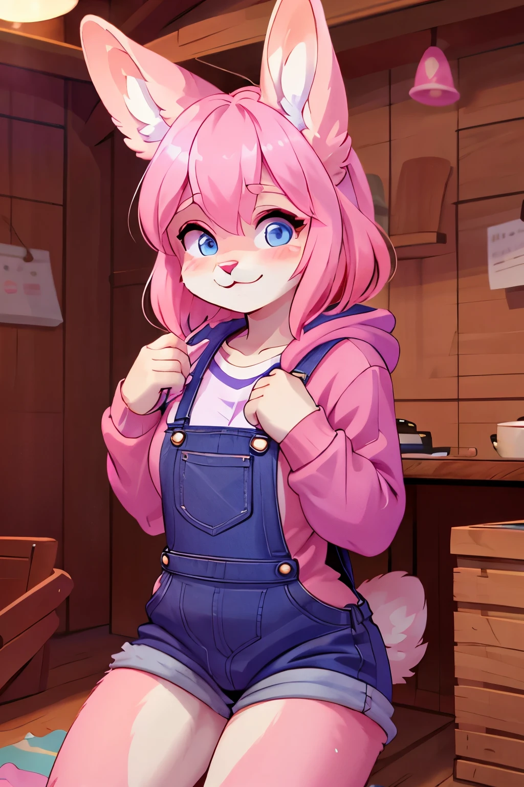 furry, small bunny girl, big bunny ears, blush, pink fur, blue eyes, pink hair, medium hair, blue hoodie, purple overalls