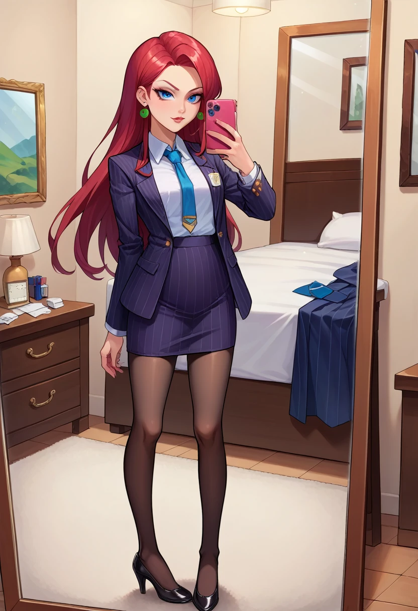 score_9,score_8_up,score_7_up,score_6_up, source_anime, 1girl, solo, EPpkJessie, long hair, blue eyes, red hair, skirt suit, suit and tie, (((three-piece suit))), silk dress shirt, shirt and tie, necktie, ((blazer)), ((suit jacket)) ((waistcoat)), ((bodycon miniskirt)), pantyhose, tights, stockings, ((pinstripe suit)), high heels, tie clip, pocket square, tailored suit, (((cufflinks))),
selfie, taking picture, mirror selfie, bedroom, bed, mirror,