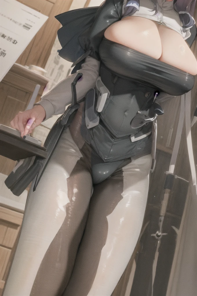 (masterpiece), (best quality), (ultra-detailed),(best shadow:0.4), (best illustration), (an extremely delicate and beautiful), photorealistic, finely detail, solo, walking, (finely detailed iris), ((masterpiece)),((best quality)),((extremely detailed)),illustration,1girl, solo, light smile,cowboy shot,shiny skin,look at aiming at viewer, bubble butt, massive breasts,room, plump ass, thick thighs, furniture, plump chest, large pelvis, wide hips,black suit, AsamaTomo, long hair, hair tubes, green eyes, squatting,