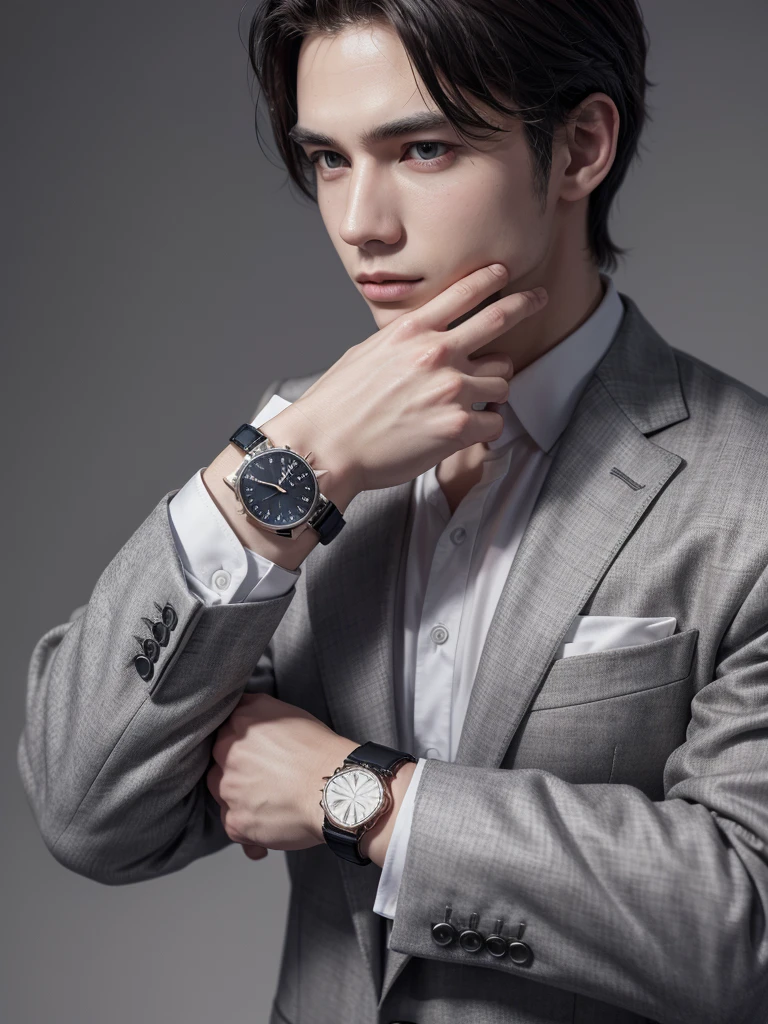 well-dressed elegant man with watch on his wrist, light gray background, 4k quality