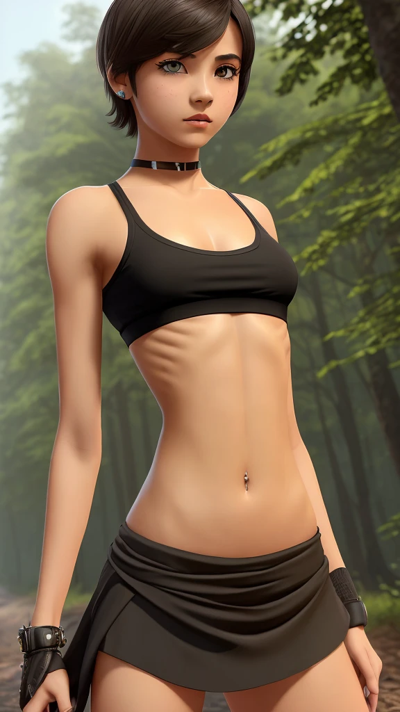 solo, 1girl, (masterpiece), ((16 year old appearance)), short hair, mohalk punk hair, small breasts, yellow eyes, ((detailed eyes)), (athletic body), (simple black cropped), Black top with red details, Looking at the screen, orange lipstick, visible abs, small mini skirt, navel, (collarbone), (dark forest scenery background)