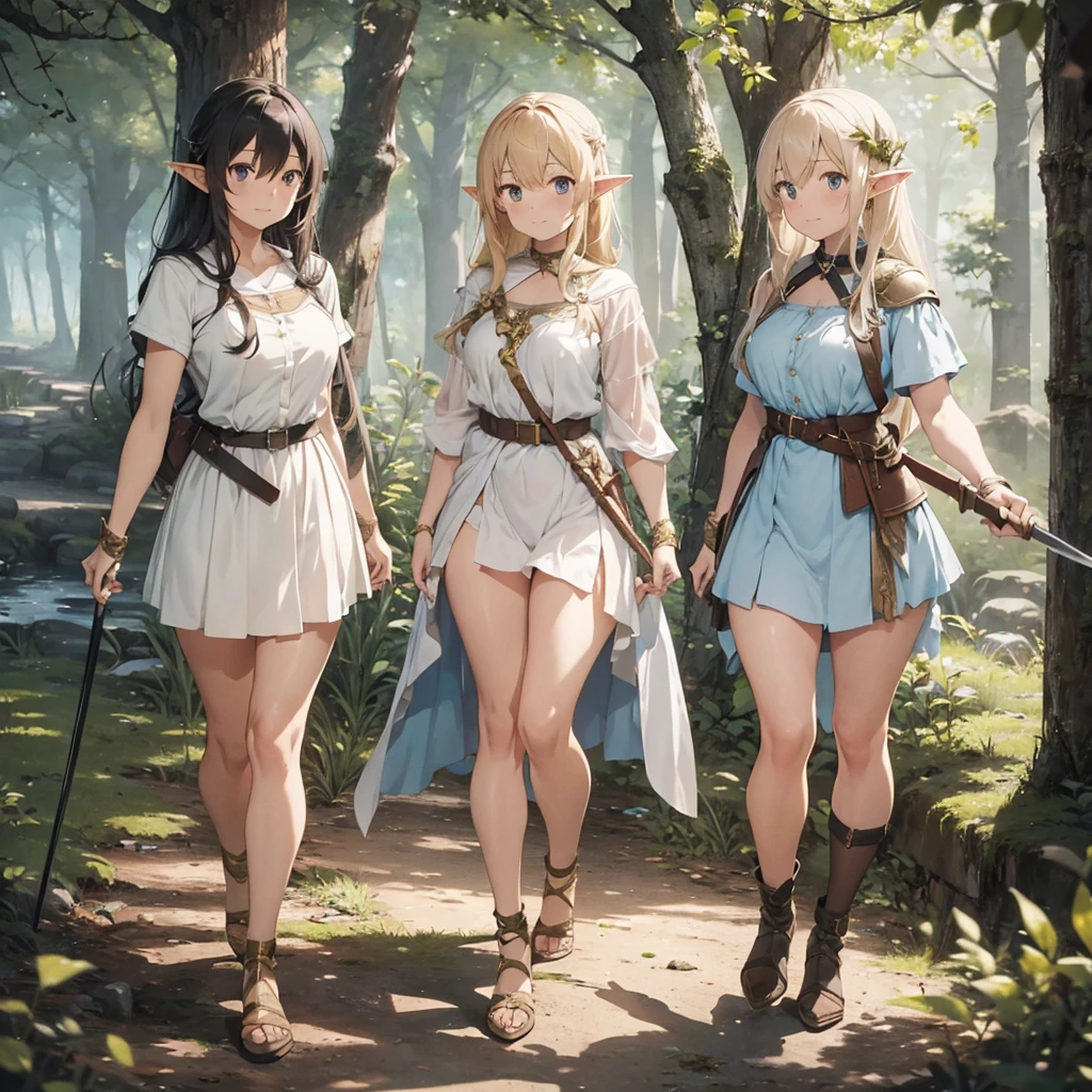 a scene of 3 women are posing with swords in the woods with other people, weapon, armor, polearm, pointy ears, 3girl, spear, nature, arrow (projectile), elf