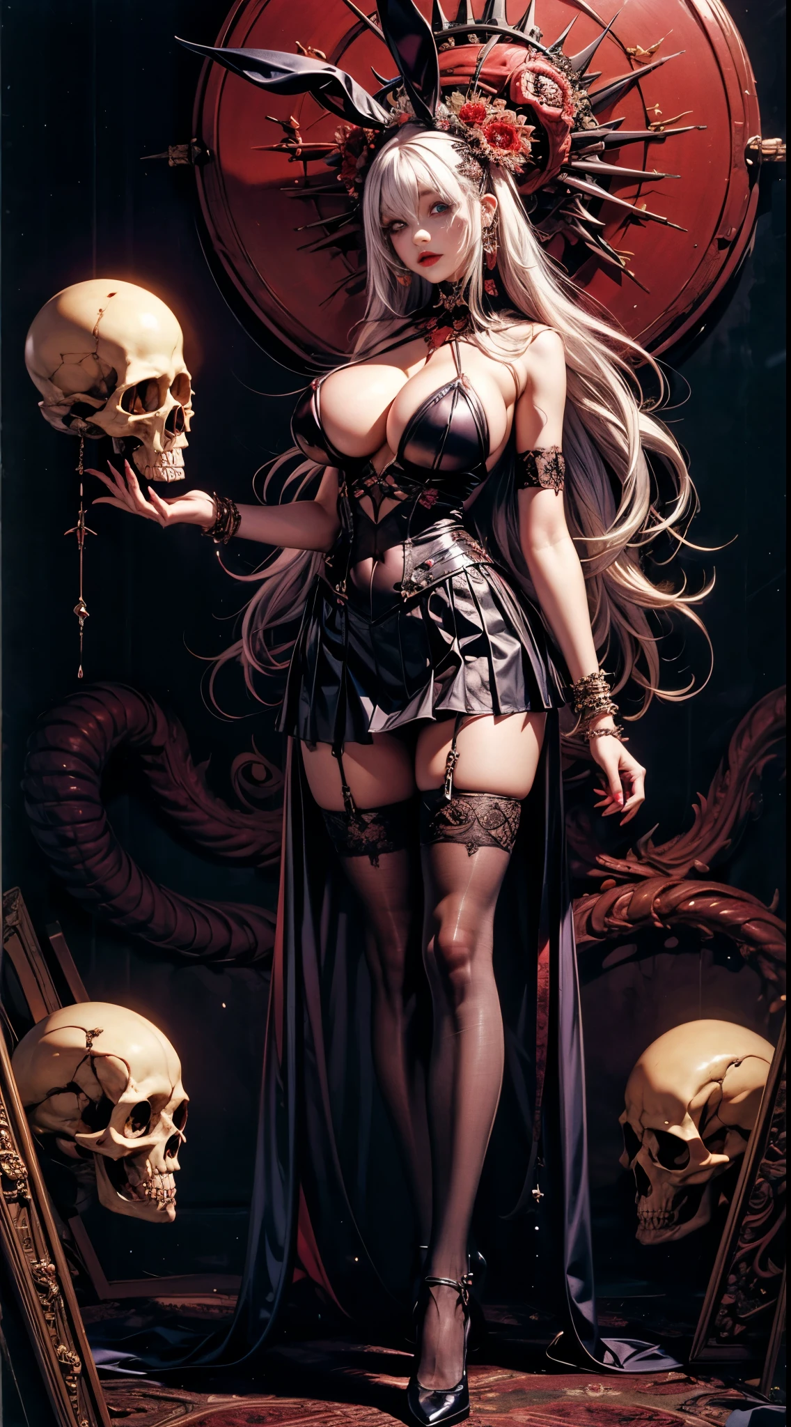 official art, 8k wallpaper unit, ultra detailed, Beautiful and Aesthetic, high quality, beautiful, masterpiece, best quality, (zentangle, mandala, tangle, tangle: 0.6), low contrast, a cute sexy seductive slutty girl , lilac, bright pastel colors, kawaii, (Gothic horror, very long platinum white hair, accentuated super huge enormously gigantic breasts, school girl uniform school girl skirt and white thigh high socks), creepy, rabbit skull, goat skull, in hell, creepy, demons, claws, better lighting, beautiful face,