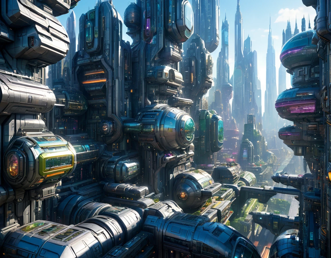 (sunny mid-morning lighting), megacity, megalopolis of an imaginary world of science fiction , parecido a una disneylandia futurista, and maximum fantasy, con inmensos edificios y rascacielos ovalados y dodecaedricos agrupados de metal y cristal donde predomina la plata y los anuncios luminosos de colores. imagen bien definida 8k, (intrincados detalles de la maquina), con muchos edificios juntos.(obra maestra de superior calidad).(imagen fotorrealista), nitidez absoluta hasta el fondo