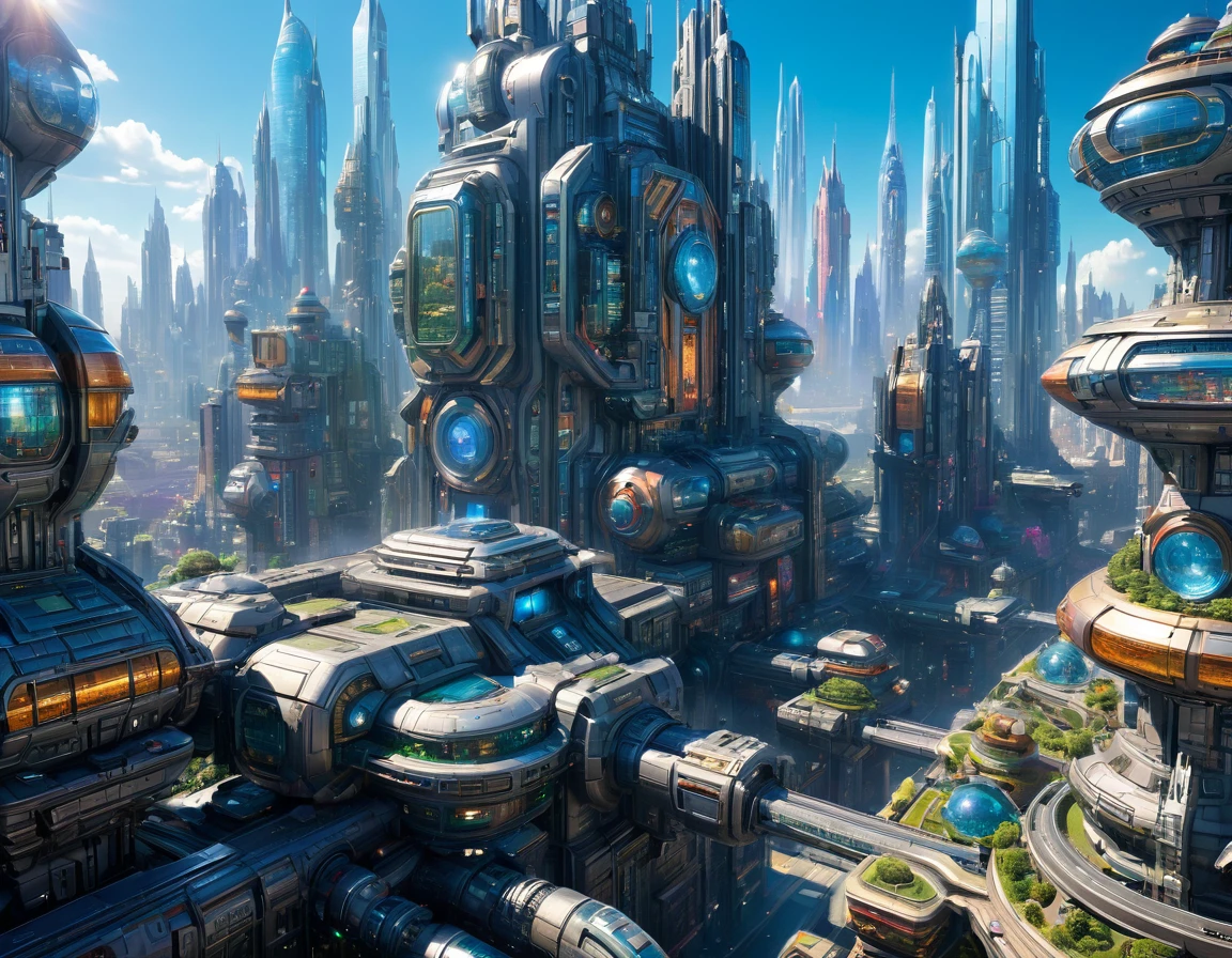 (sunny mid-morning lighting), megacity, megalopolis of an imaginary world of science fiction , parecido a una disneylandia futurista, and maximum fantasy, con inmensos edificios y rascacielos ovalados y dodecaedricos agrupados de metal y cristal donde predomina la plata y los anuncios luminosos de colores. imagen bien definida 8k, (intrincados detalles de la maquina), con muchos edificios juntos.(obra maestra de superior calidad).(imagen fotorrealista), nitidez absoluta hasta el fondo