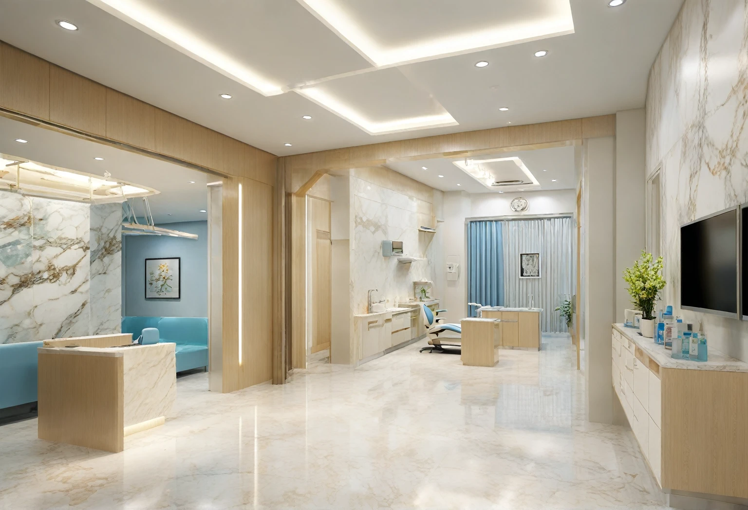 dentist、Highest quality、Highest quality、Beautiful spacious clinic、The colours are white and beige、Outside the window is a clear sky、The floor is marble、The examination table is pale blue.、Calm and modern interior