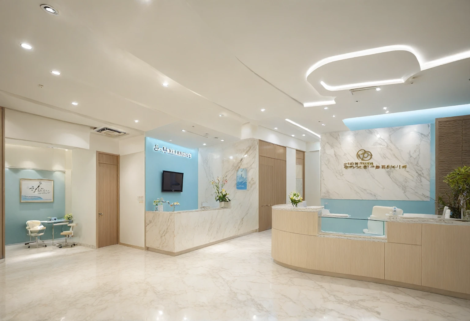 dentist、Highest quality、Highest quality、Beautiful spacious clinic、The colours are white and beige、Outside the window is a clear sky、The floor is marble、The examination table is pale blue.、Calm and modern interior