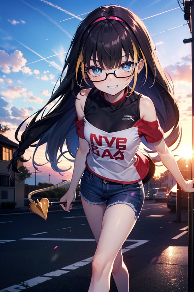 small, small, Black Hair, blue eyes, demon tail, hair band, Long Hair, mechanical tail, Multicolored Hair, tail, smile,Grin,tooth,Black-rimmed glasses,Cold shoulder tops,Short sleeve,Skinny jeans,Stiletto heels,morning,morning陽,The sun is rising,Walking,whole bodyがイラストに入るように,
break looking at viewer, whole body,
break outdoors,Building district,
break (masterpiece:1.2), Highest quality, High resolution, unity 8k wallpaper, (figure:0.8), (beautiful detailed eyes:1.6), extremely detailed face, Perfect lighting, extremely detailed CG, (Perfect hands, Perfect Anatomy),