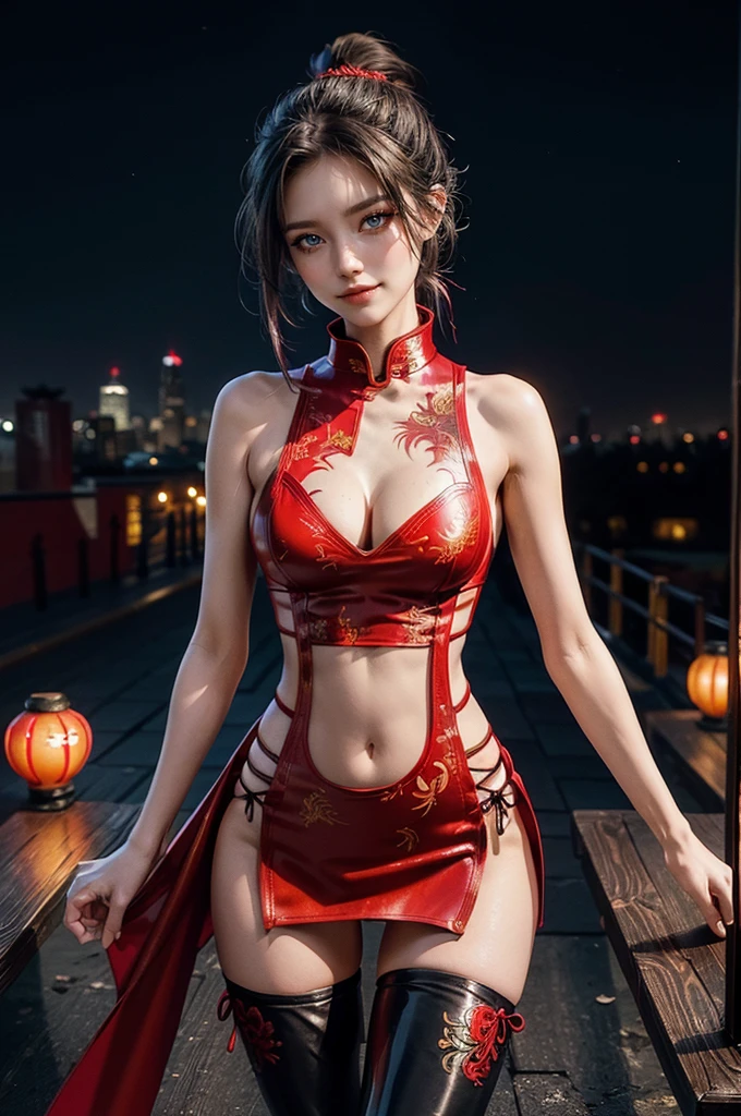 (RAW photo, best quality), Cute girl with short black hair, (ponytail), (city roof at night background), low light , dark eyeliner, happy smile, gorgeous face , super cute, 18 years old , young looking, hyper detailed face, dark eyeliner, (medium breast), (thin waist, super slender), (bare shoulders, (exposed hips), skintight and red PVC qipao china dress with yellow dragon decoration and vivid patterns, deep black leather thigh high boots, red PVC arm sleeves with yellow flower decorations and vivid patterns, cleavage, ((both hands on waist)), one leg in front of the other, (((very extremely small small navel exposure)))