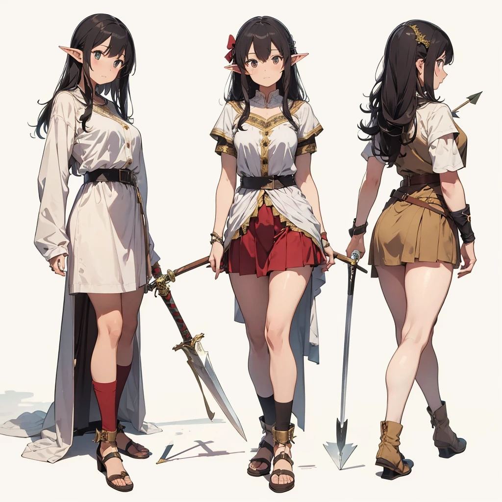 a scene of 3 women are posing with swords in the woods with other people, weapon, armor, polearm, pointy ears, 3girl, spear, nature, arrow (projectile), elf