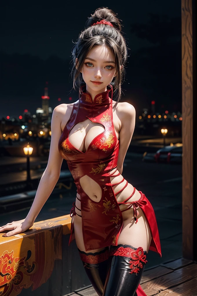 (RAW photo, best quality), Cute girl with short black hair, (ponytail), (city roof at night background), low light , dark eyeliner, happy smile, gorgeous face , super cute, 18 years old , young looking, hyper detailed face, dark eyeliner, (medium breast), (thin waist, super slender), (bare shoulders, (exposed hips), skintight and red PVC qipao china dress with yellow dragon decoration and vivid patterns, deep black leather thigh high boots, red PVC arm sleeves with yellow flower decorations and vivid patterns, cleavage, ((both hands on waist)), one leg in front of the other, (((very extremely small small navel exposure)))