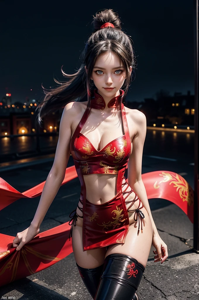 (RAW photo, best quality), Cute girl with short black hair, (ponytail), (city roof at night background), low light , dark eyeliner, happy smile, gorgeous face , super cute, 18 years old , young looking, hyper detailed face, dark eyeliner, (medium breast), (thin waist, super slender), (bare shoulders, (exposed hips), skintight and red PVC qipao china dress with yellow dragon decoration and vivid patterns, deep black leather thigh high boots, red PVC arm sleeves with yellow flower decorations and vivid patterns, cleavage, ((both hands on waist)), one leg in front of the other, (((very extremely small small navel exposure)))