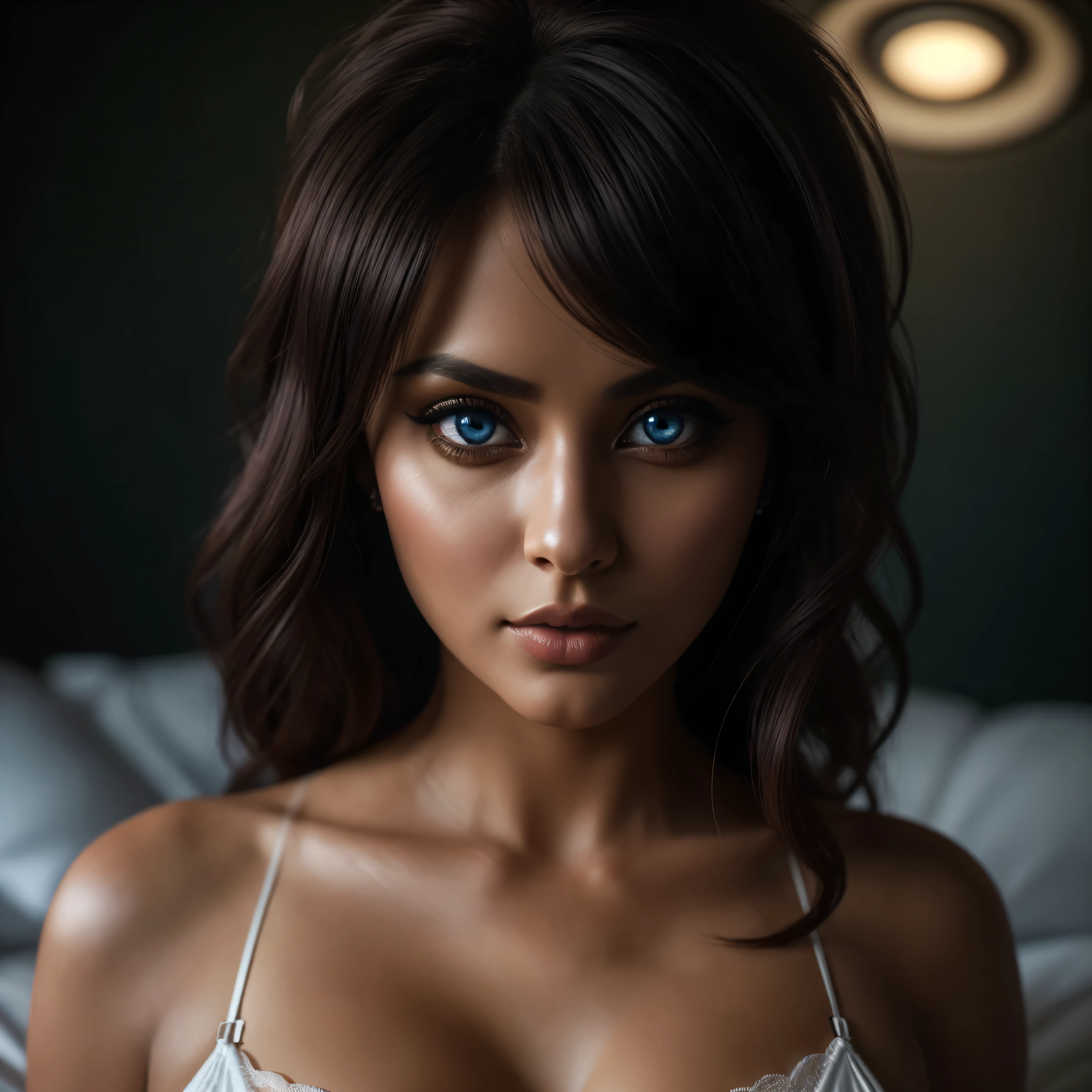 (((Full body 1.1, panorama, full-length, wallpaper, photo-posing, for magazine cover 1.1))), (((( very beautiful eyes 1.1)))). (perfect details: 1.1), (beautiful and clear background: 1.2), (extremely detailed CG, ultra detailed, best shadow: 1.1), (((finely detailed beautiful eyes))), (full length 1.1). Golden ratio, soft cinematic lighting, bed colorsa beautiful woman with dark skin wearing white lace lingerie, sitting on a bed in a bedroom with a sexy, erotic atmosphere, her expressive blue eyes and red bob hairstyle, (best quality,4k,8k, highres,masterpiece:1.2),ultra-detailed,(realistic,photorealistic,photo-realistic:1.37),intricate details,dramatic lighting,cinematic composition,sensual,captivating expression,alluring. HDMI, HDRI, UDHD,((Diffuse effect)), ((volume effect 1.1)), ((Depth of field 1.1)), ((fisheye lens)