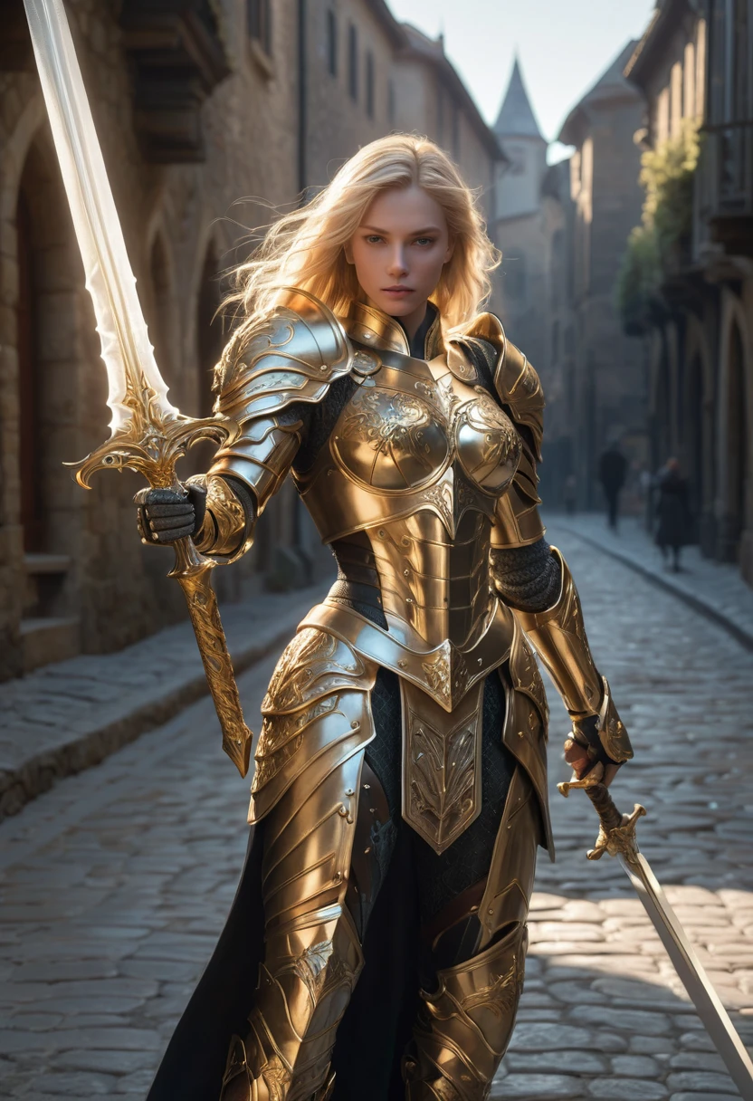 amazing quality, masterpiece, best quality, hyper detailed, ultra detailed, UHD, perfect anatomy,
model, stylish pose, wearing fantastic armor, gold armor, holding glowing sword, stone road, soft shades, blond hair, hand up, extremely detailed,