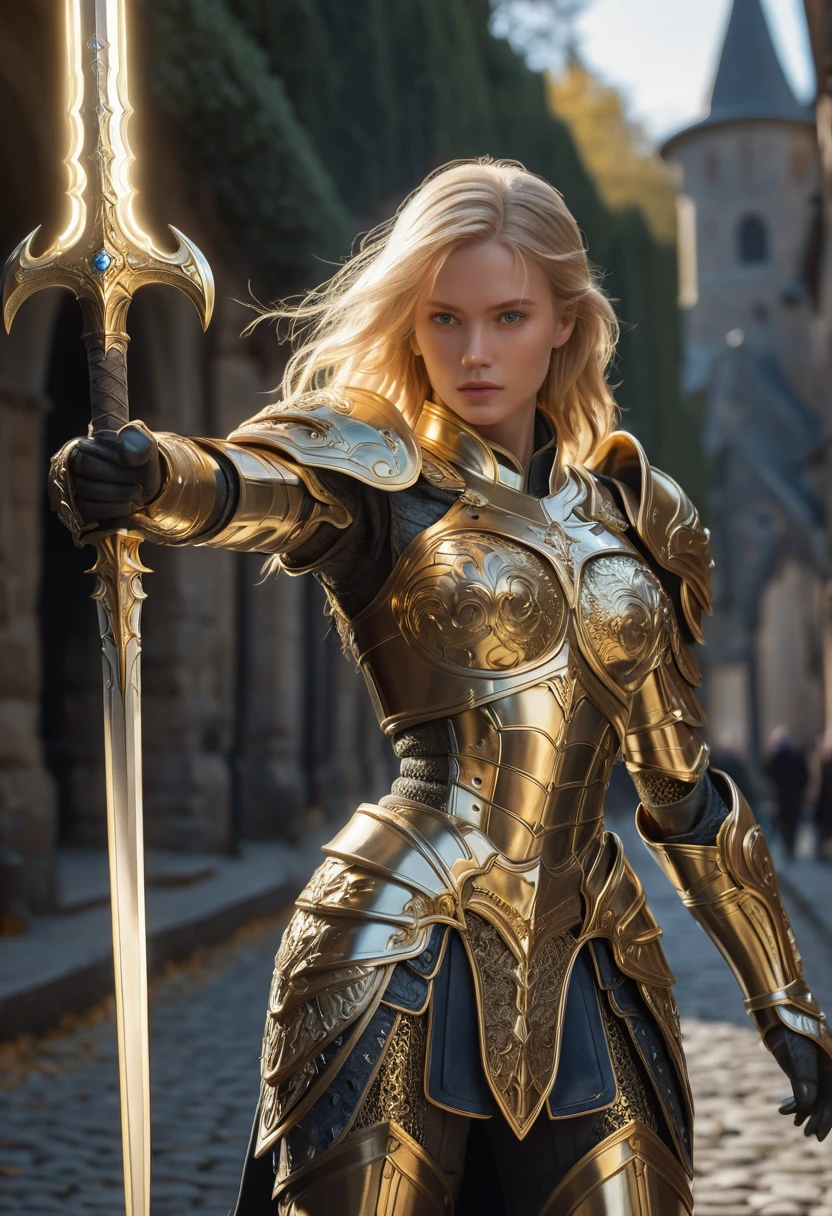 amazing quality, masterpiece, best quality, hyper detailed, ultra detailed, UHD, perfect anatomy,
model, stylish pose, wearing fantastic armor, gold armor, holding glowing sword, stone road, soft shades, blond hair, hand up, extremely detailed,