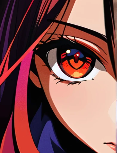 Primer plano de (personaje de anime femenino:1.3), (mirada intensa:1.2), (ojos de un solo color:1.3) both dark brown , pelo rojo rizado y largo, cejas relajadas, (calm expression:1.2), cara sombreada (manto negro con tela a cuadros encima:1.1), high detail digital illustration, (fondo oscuro:1.1), estilo animado, rasgos faciales delicados, colores contrastantes, aura fuerte, piercing en el labio inferior de lado izquierdo