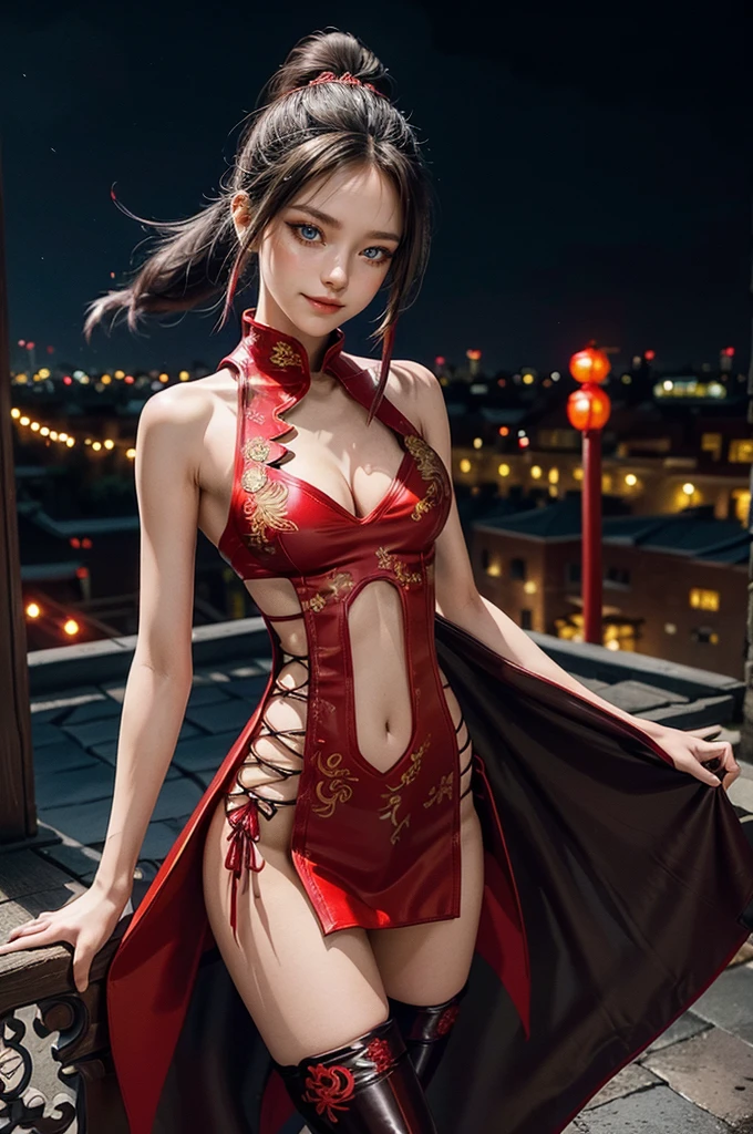 (RAW photo, best quality), Cute girl with short black hair, (ponytail), (city roof at night background), low light , dark eyeliner, happy smile, gorgeous face , super cute, 18 years old , young looking, hyper detailed face, dark eyeliner, (medium breast), (thin waist, super slender), (bare shoulders, (exposed hips), skintight and red PVC qipao china dress with yellow dragon decoration and vivid patterns, deep black leather thigh high boots, red PVC arm sleeves with yellow flower decorations and vivid patterns, cleavage, ((both hands on waist)), one leg in front of the other, (((very extremely small small navel exposure)))