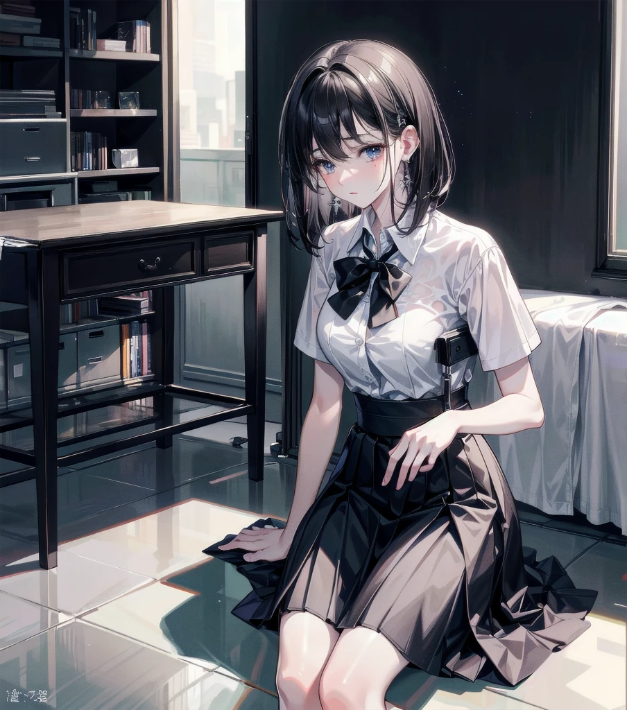 RAW photo, extremely delicate and beautiful, masterpiece, Best Quality, ultra high resolution, 16k, photorealistic, ultra detailed description, pale skin, in her 20s, full body, medium tits, medium hair, black hair, tearful mole, earring, school_uniform, shirt, skirt,