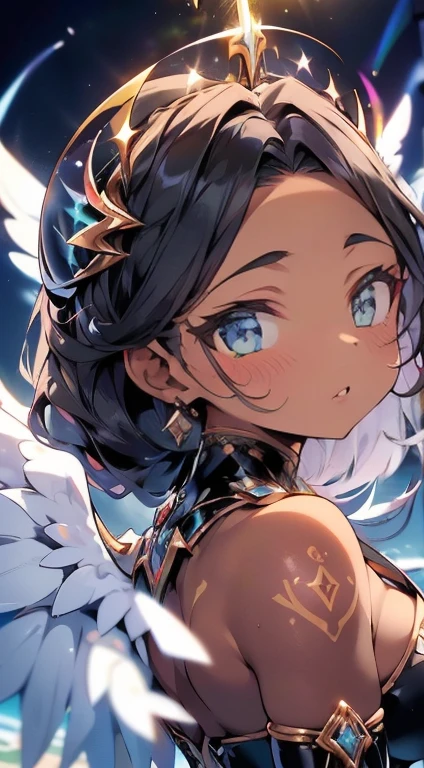 (Obra de arte), melhor qualidade, olhos expressivos, rosto perfeito, (fechar-se), (Corpo perfeito), (totalmente vestido), (Rostos detalhados), (Angel Illumination), (Armadura do anjo preto), (Lightning Swords), (sfw), (grande afro), (Afro Lightning), (armadura reveladora), (olhos brilhantes), (mulato), (tom de pele bronzeado escuro), (electric wings), Black Lips, Sombra escura, (detalhe extra), (asas de anjo negro), (tatuagens brilhantes), (seios enormes), (labios grandes), (olhos roxos), (rosto bonito), delgado, (beautiful hands)