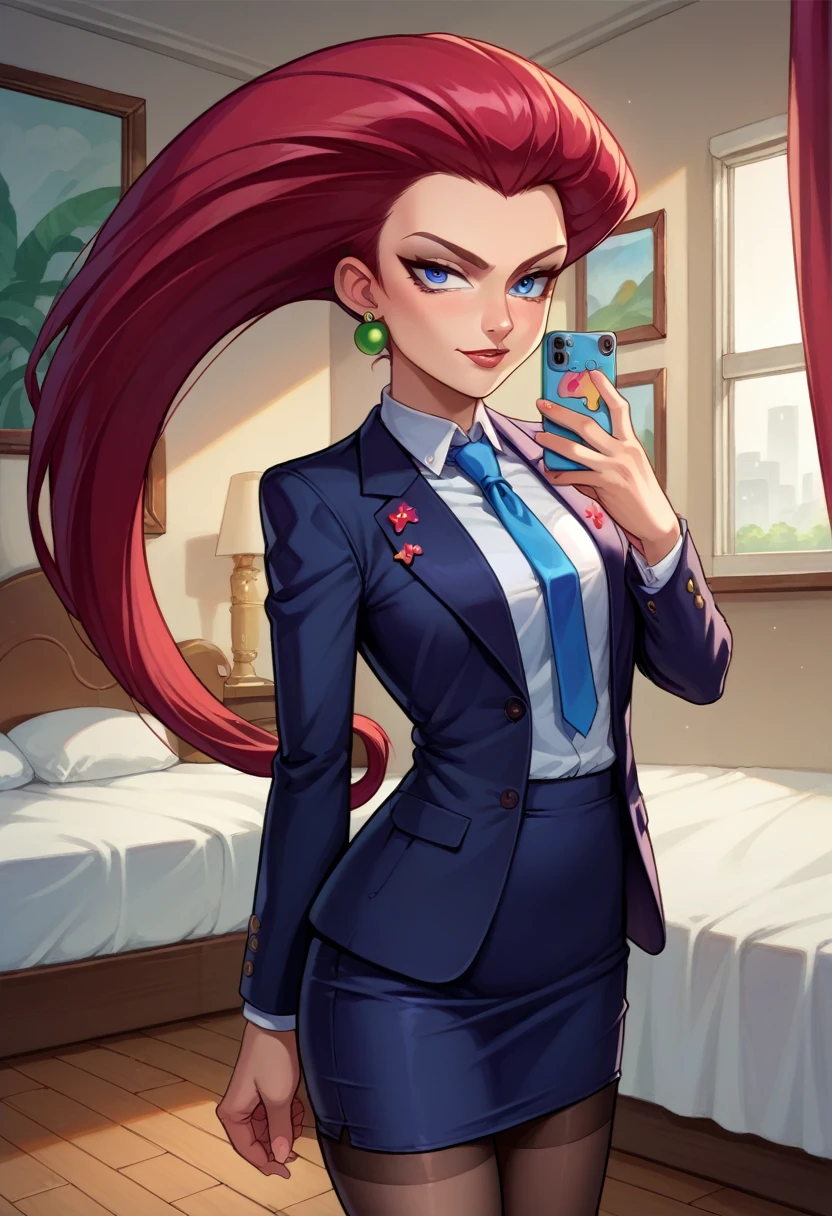 score_9,score_8_up,score_7_up,score_6_up, source_anime, 1girl, solo, (((EPpkJessie))), long hair, blue eyes, red hair, hair slicked back, skirt suit, suit and tie, (((three-piece suit))), silk dress shirt, shirt and tie, necktie, ((blazer)), ((suit jacket)) ((waistcoat)), ((bodycon miniskirt)), stockings, high heels, tie clip, pocket square, tailored suit, (((cufflinks))),
selfie, taking picture, mirror selfie, bedroom, bed, mirror,