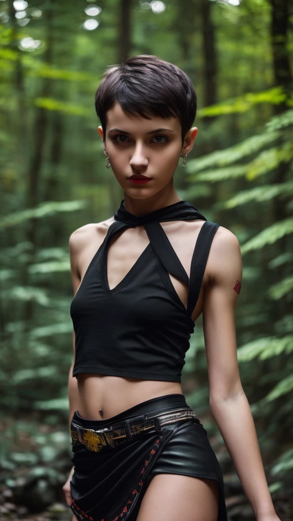 solo, 1girl, (masterpiece), ((16 year old appearance)), short hair, mohalk punk hair, small breasts, yellow eyes, ((detailed eyes)), (athletic body), (simple black cropped), Black top with red details, Looking at the screen, orange lipstick, visible abs, small mini skirt, navel, (collarbone), (dark forest scenery background)