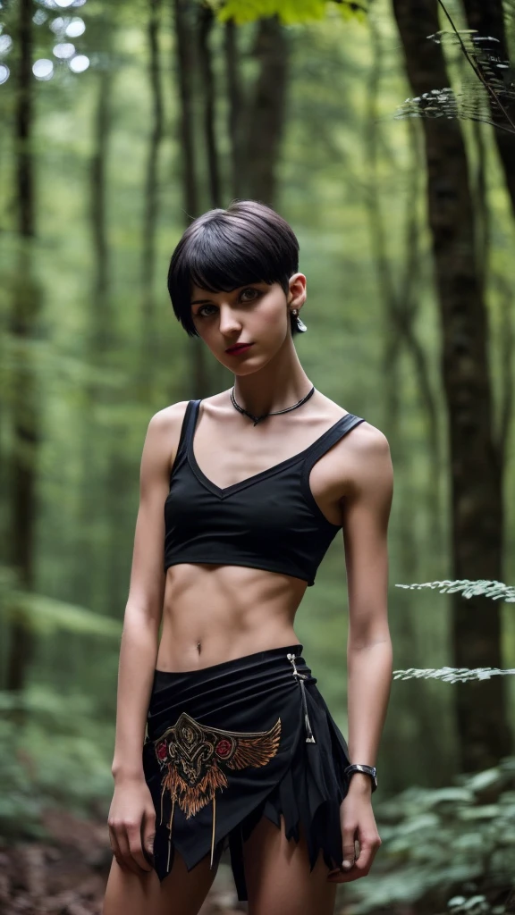 solo, 1girl, (masterpiece), (( appearance)), short hair, mohalk punk hair, small breasts, yellow eyes, ((detailed eyes)), (athletic body), (simple black cropped), Black top with red details, Looking at the screen, orange lipstick, visible abs, small mini skirt, navel, (collarbone), (dark forest scenery background)