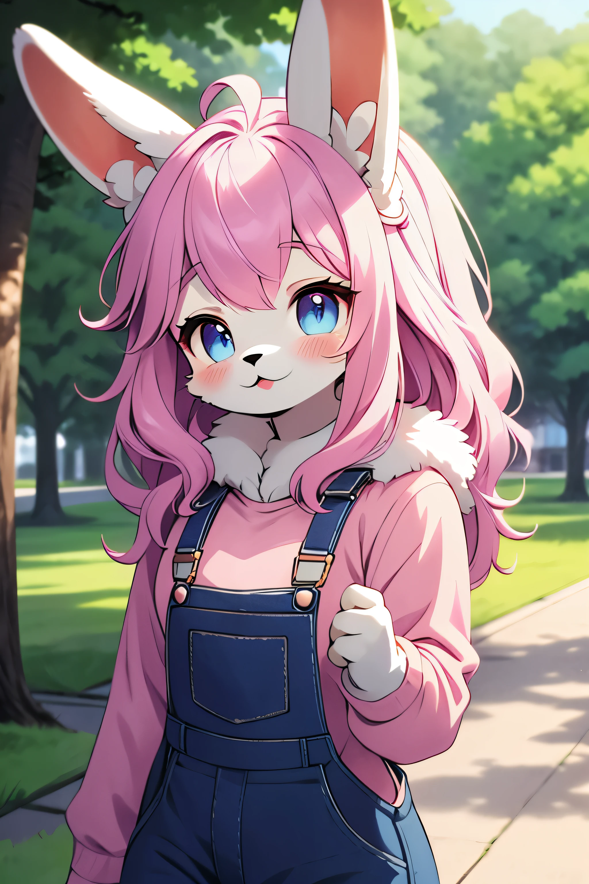 furry, fluffy, tiny, bunny girl, floppy bunny ears, blush, pink fur, blue eyes, pink hair, medium hair, blue hoodie, purple overalls