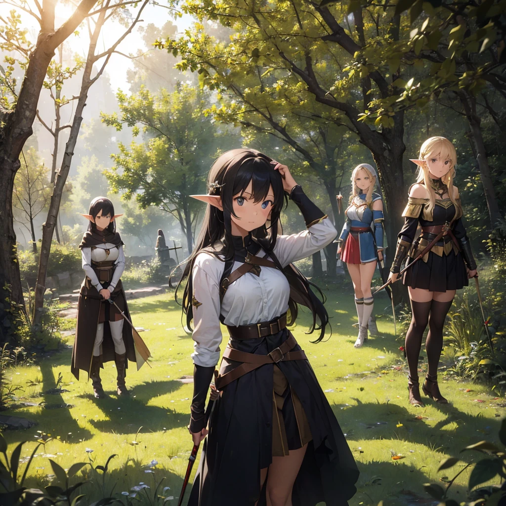 a scene of 3 women are posing with swords in the woods with other people, weapon, armor, polearm, pointy ears, 3girl, spear, nature, arrow (projectile), elf