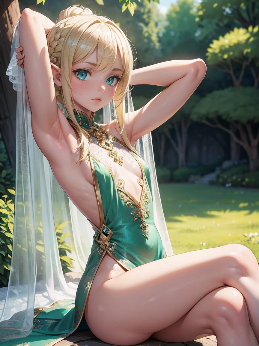 Ultra sharp, masterpiece, best quality, intricate details, detailed eyes, perfect face detailed face, masterpiece, highly detailed exquisite character art, perfectly detailed anatomy, Beautiful girl, transparent flowy outfit, Elf girl, Elf ear, (Showing armpit:1.2), small, sitting legs spread, shaved sides, glowing, textured skin, whispering, green eyes, blonde hair, glossy face, fairy dust, small breasts, see-through,