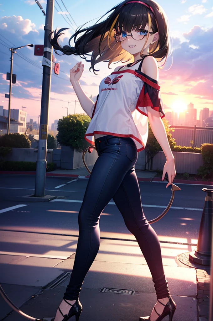 small, small, Black Hair, blue eyes, demon tail, hair band, Long Hair, mechanical tail, Multicolored Hair, tail, smile,Grin,tooth,Black-rimmed glasses,Cold shoulder tops,Short sleeve,Skinny jeans,Stiletto heels,morning,morning陽,The sun is rising,Walking,whole bodyがイラストに入るように,
break looking at viewer, whole body,
break outdoors,Building district,
break (masterpiece:1.2), Highest quality, High resolution, unity 8k wallpaper, (figure:0.8), (beautiful detailed eyes:1.6), extremely detailed face, Perfect lighting, extremely detailed CG, (Perfect hands, Perfect Anatomy),