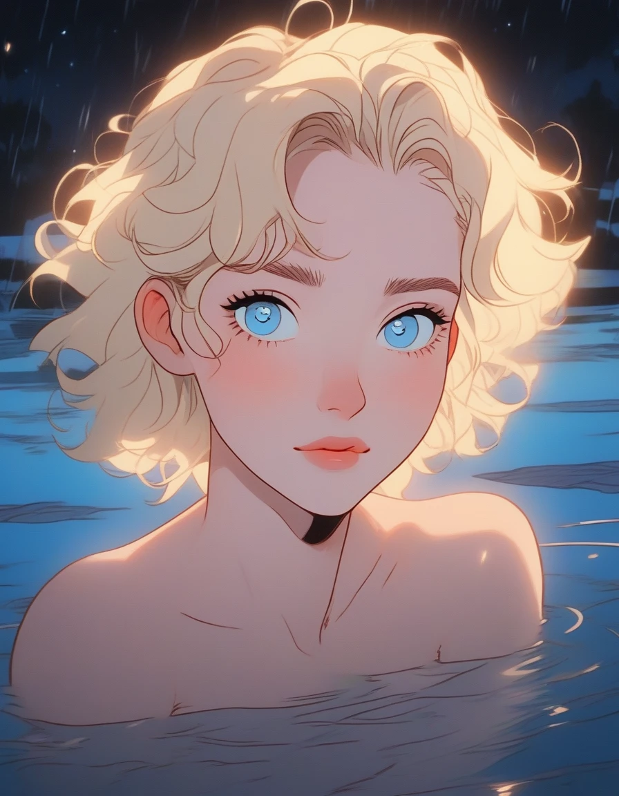 comic art style, 90's aesthetic, deitailed textures, soft and warm light, adult Woman(pale skin, short messy blonde hair, blue eyes), bathing in the lake at night, naked