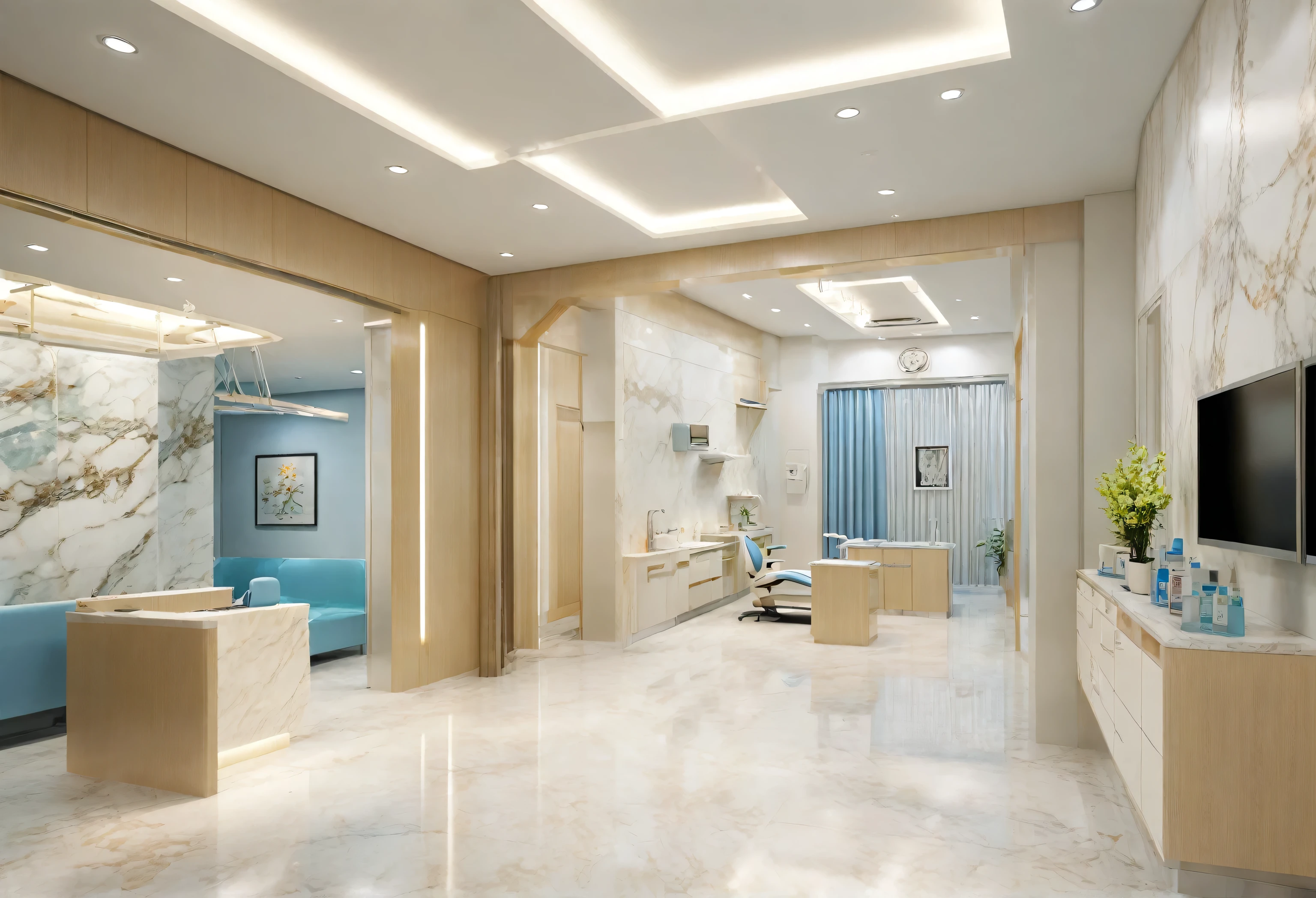 dentist、Highest quality、Highest quality、Beautiful spacious clinic、The colours are white and beige、Outside the window is a clear sky、The floor is marble、The examination table is pale blue.、Calm and modern interior