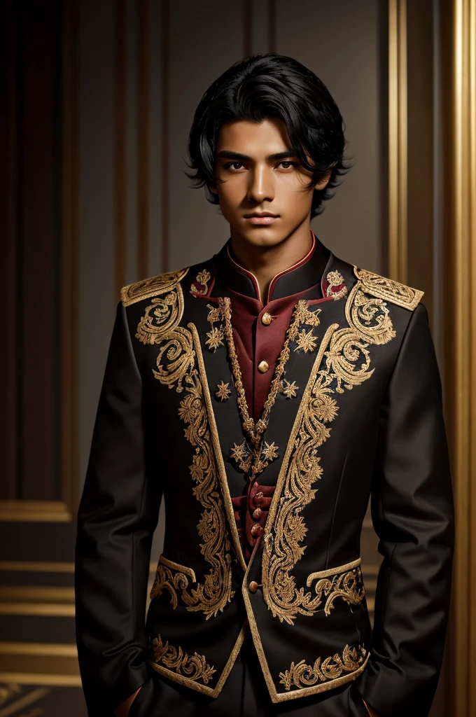 Young male between 14 - 15 years old. Jet black hair in a shoulder-length book cut and slightly wavy at the ends. Dark red almost black eyes with long eyelashes and an intimidating look. Dark skin. Black Charro suit with elegant golden embroidery. Serious and untamed aura. From the torso up. In an anime style.