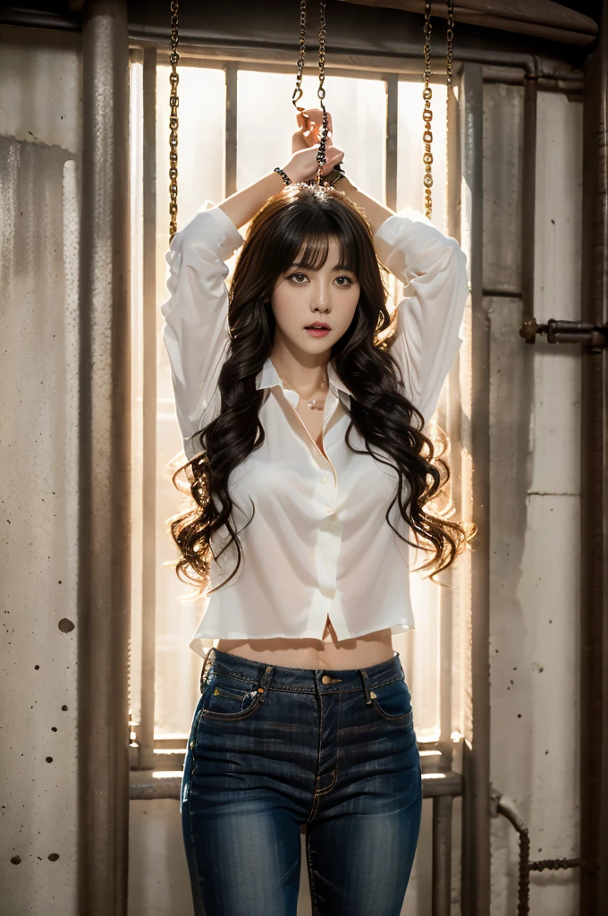 (8k, Highest quality, masterpiece: 1.2), (Realistic, photoRealistic: 1.37), beautiful, Sensual and erotic woman with a curvaceous body, Hair color is black、The eye color is dark brown、Medium Hair、Light Brown Hair、 (White long formal shirt)(Unbutton your shirt.)、jeans, 頭の上にHandcuffsをかけられて, Handcuffs、、両手に黒いHandcuffsをつけられ, 両手は黒いHandcuffsで縛られている、Hanging from the ceiling by both hands、Chained、please stretch your arms、gag、In the basement, ((jeans))
