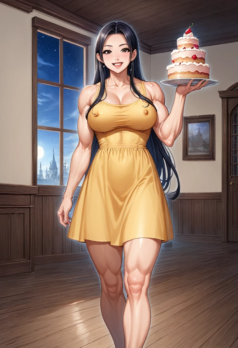 Anime, 2d anime, cartoon anime, detailed illustration, dynamic angle, ultra-detailed, illustration, 1girl, late 20’s year old, Big woman, Asian American, very tall, broad shoulders, silky long black hair, muscular, tone body, a little bulky, muscular arms, wide shoulders, tall woman, happy, energetic, extroverted, broad shoulders, large muscles, night time, Evning, standing by a window , in a yellow sundress, in a nice house, living room, dark wood panel walls, dark hard wood floors, eating a tiny piece of cake, dark outside, night time, luxurious mansion, start night outside the windows, erect nipples,