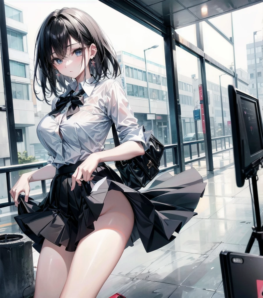 RAW photo, extremely delicate and beautiful, masterpiece, Best Quality, ultra high resolution, 16k, photorealistic, ultra detailed description, pale skin, in her 20s, full body, medium tits, medium hair, black hair, tearful mole, earring, school_uniform, shirt, skirt,