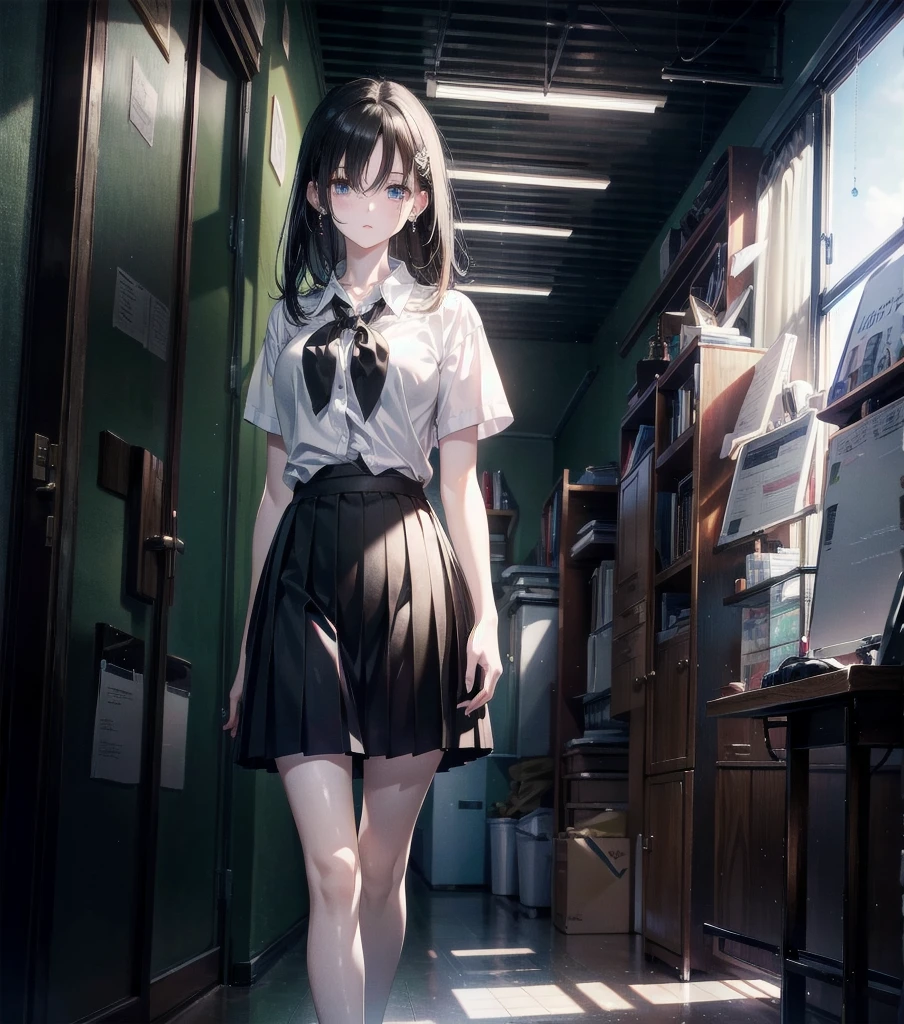 RAW photo, extremely delicate and beautiful, masterpiece, Best Quality, ultra high resolution, 16k, photorealistic, ultra detailed description, pale skin, in her 20s, full body, medium tits, medium hair, black hair, tearful mole, earring, school_uniform, shirt, skirt,