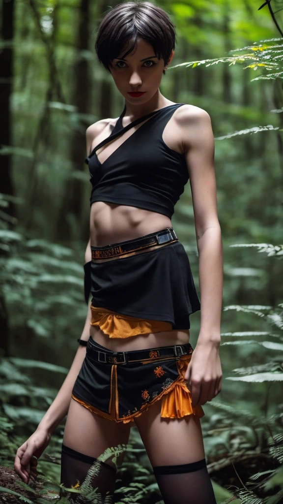 solo, 1girl, (masterpiece), ((16 year old appearance)), short hair, mohalk punk hair, small breasts, yellow eyes, ((detailed eyes)), (athletic body), (simple black cropped), micro black top with red details, Looking at the screen, orange lipstick, visible abs, small micro skirt, navel, (collarbone), (dark forest scenery background)