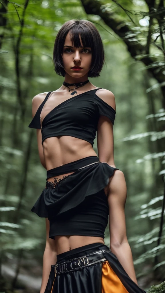solo, 1girl, (masterpiece), ((16 year old appearance)), short hair, mohalk punk hair, small breasts, yellow eyes, ((detailed eyes)), (athletic body), (simple black cropped), micro black top with red details, Looking at the screen, orange lipstick, visible abs, small micro skirt, navel, (collarbone), (dark forest scenery background)