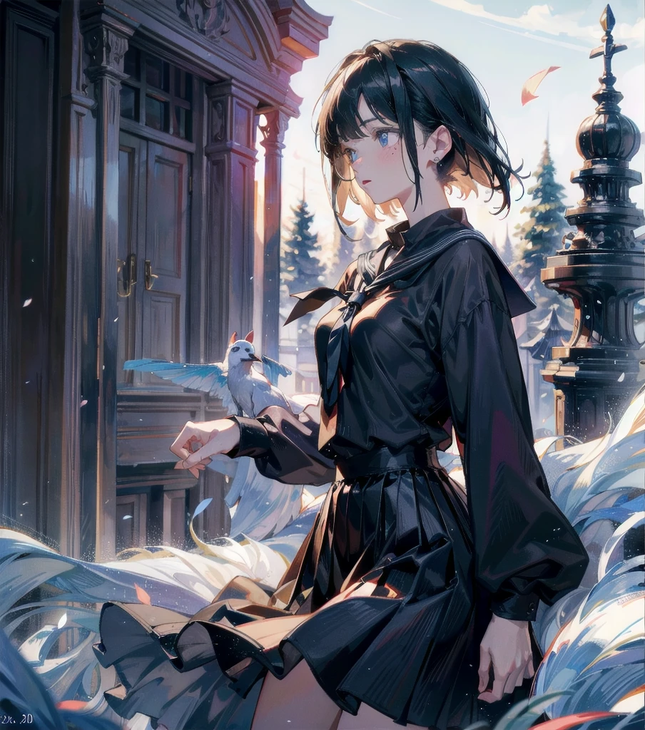 RAW photo, extremely delicate and beautiful, masterpiece, Best Quality, ultra high resolution, 16k, photorealistic, ultra detailed description, pale skin, in her 20s, full body, medium tits, medium hair, black hair, tearful mole, earring, school_uniform, shirt, skirt,