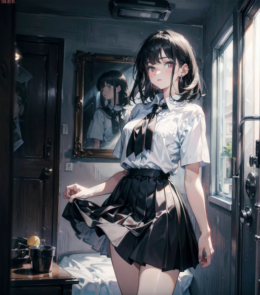 RAW photo, extremely delicate and beautiful, masterpiece, Best Quality, ultra high resolution, 16k, photorealistic, ultra detailed description, pale skin, in her 20s, full body, medium tits, medium hair, black hair, tearful mole, earring, school_uniform, shirt, skirt,