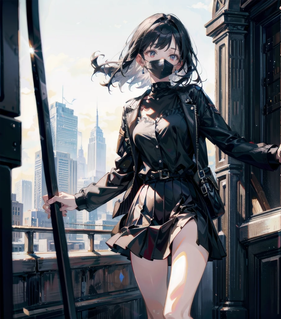 RAW photo, extremely delicate and beautiful, masterpiece, Best Quality, ultra high resolution, 16k, photorealistic, ultra detailed description, pale skin, in her 20s, full body, medium tits, medium hair, black hair, tearful mole, earring, school_uniform, shirt, skirt,