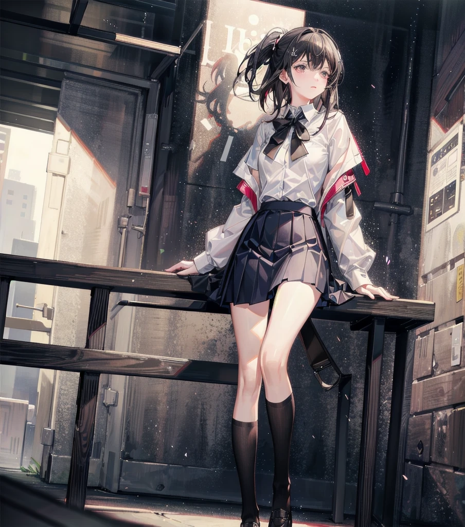 RAW photo, extremely delicate and beautiful, masterpiece, Best Quality, ultra high resolution, 16k, photorealistic, ultra detailed description, pale skin, in her 20s, full body, medium tits, medium hair, black hair, tearful mole, earring, school_uniform, shirt, skirt,