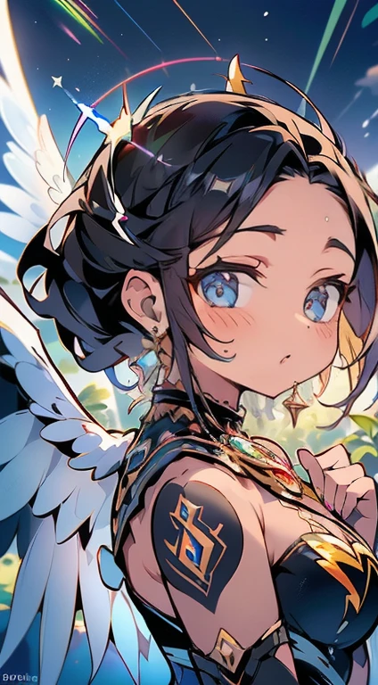 (Obra de arte), melhor qualidade, olhos expressivos, rosto perfeito, (fechar-se), (Corpo perfeito), (totalmente vestido), (Rostos detalhados), (Angel Illumination), (Armadura do anjo preto), (Lightning Swords), (sfw), (grande afro), (Afro Lightning), (armadura reveladora), (olhos brilhantes), (mulato), (tom de pele bronzeado escuro), (electric wings), Black Lips, Sombra escura, (detalhe extra), (asas de anjo negro), (tatuagens brilhantes), (seios enormes), (labios grandes), (olhos roxos), (rosto bonito), delgado, (beautiful hands)