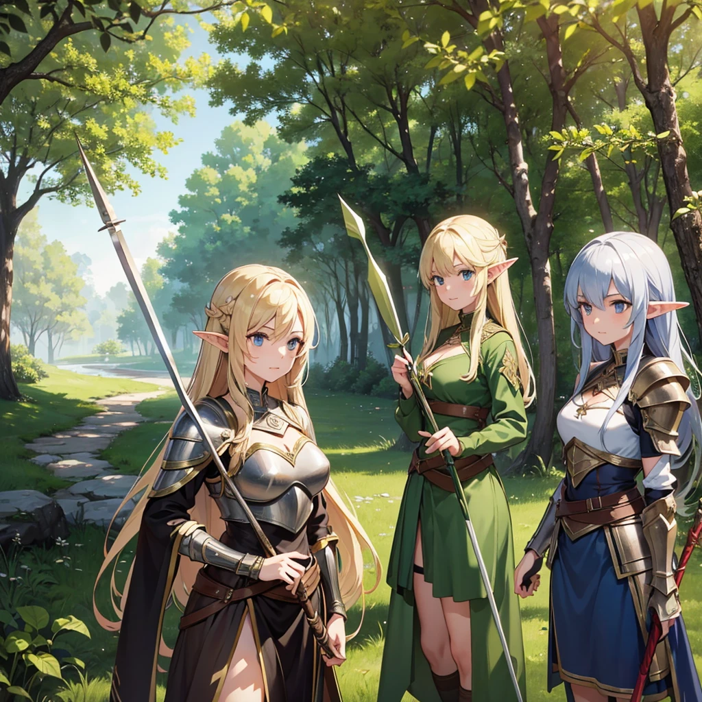 a scene of 3 women are posing with swords in the woods with other people, weapon, armor, polearm, pointy ears, 3girl, spear, nature, arrow (projectile), elf
